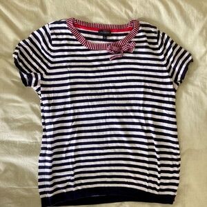 Short sleeve navy & white striped cotton top with bow